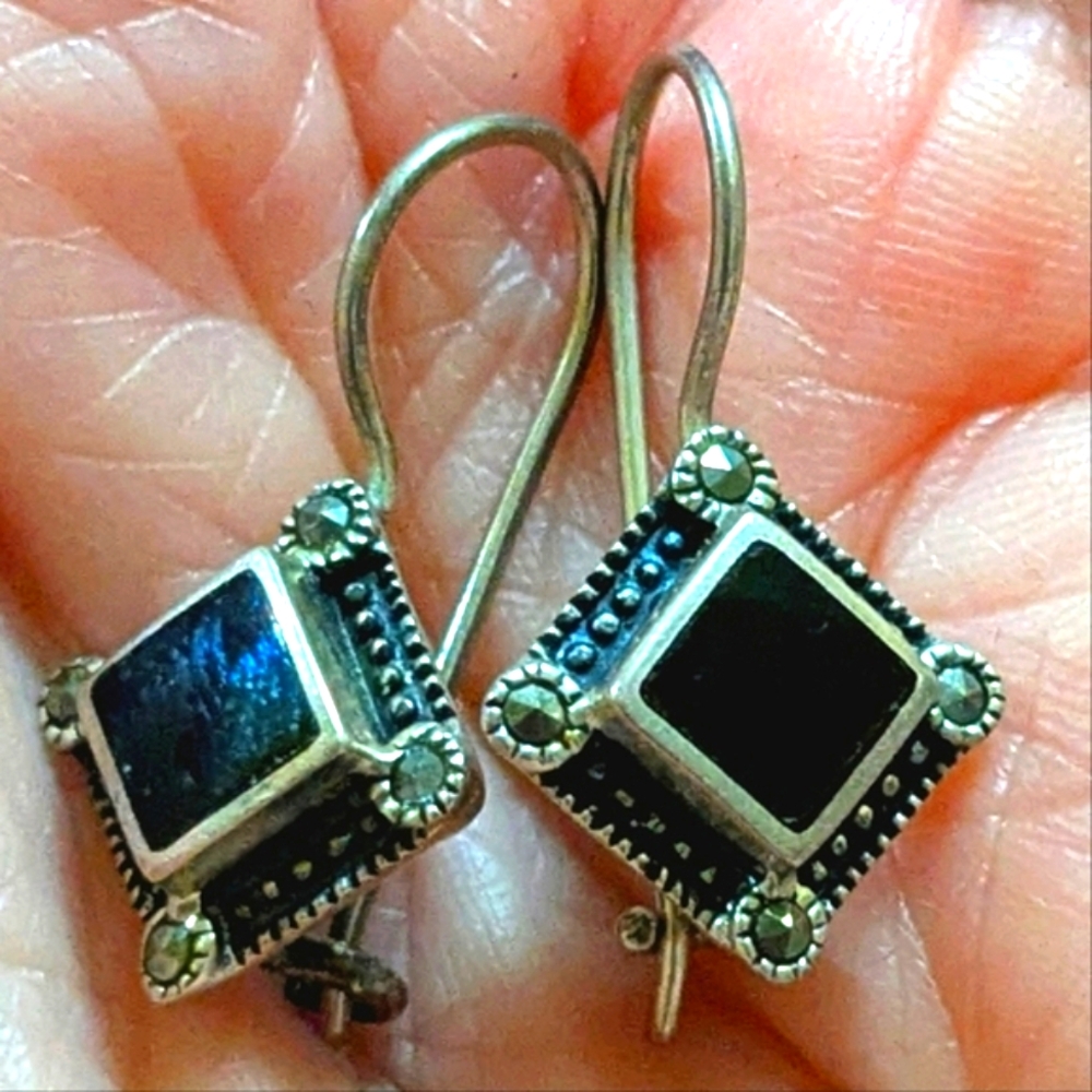 Vintage estate Black Onyx Square 925 Sterling Silver rare black rhinestone